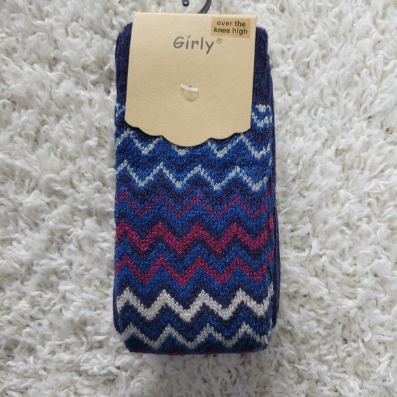 Over The Knee Socks Wool Chevron Stripe Long Boot Socks Boot Socks Pink - Picture 4 of 12